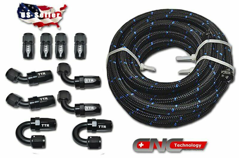 AN6/AN8/AN10 Black 10 Fittings Steel Nylon Braided Oil Fuel Hose Line 20FT