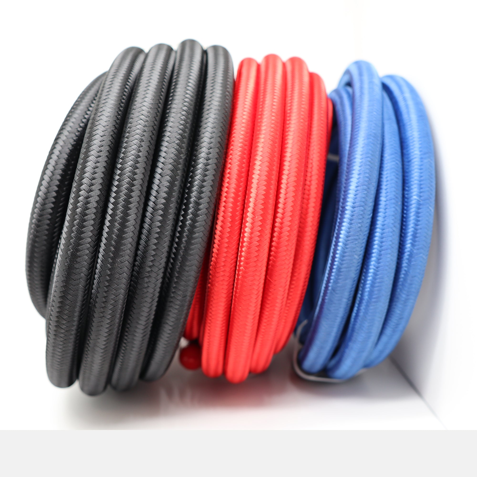 NYLON STAINLESS STEEL BRAIDED PTFE FUEL HOSE - BLUE/RED/BLACK