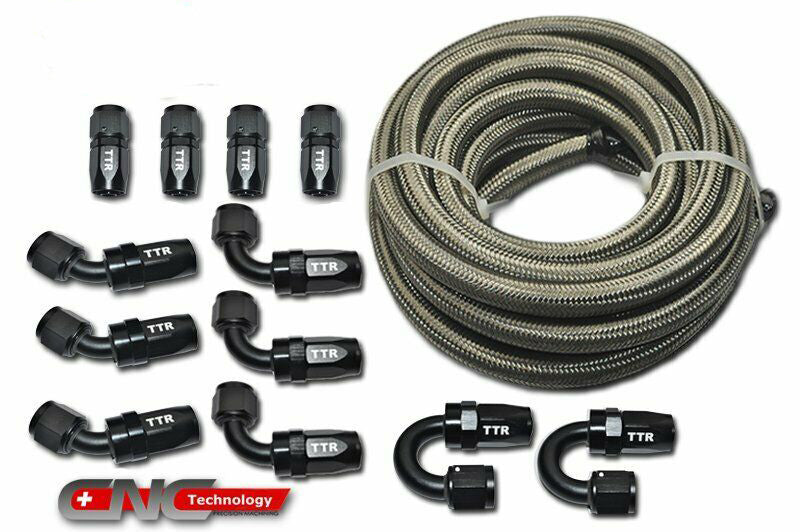 4AN|6AN|8AN|10AN|12AN -SS Braided Fuel Hose 30ft Black 12 Fittings