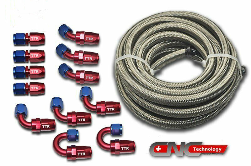 4AN|6AN|8AN|10AN|12AN -SS Braided Fuel Hose 30ft Red/Blue 12 Fittings